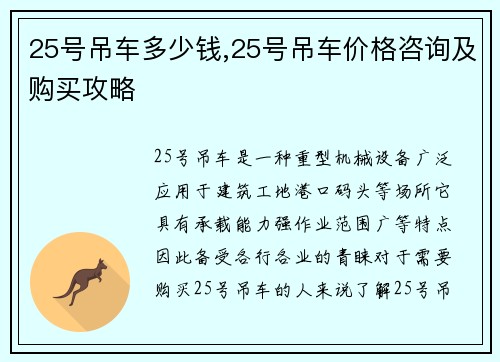 25号吊车多少钱,25号吊车价格咨询及购买攻略