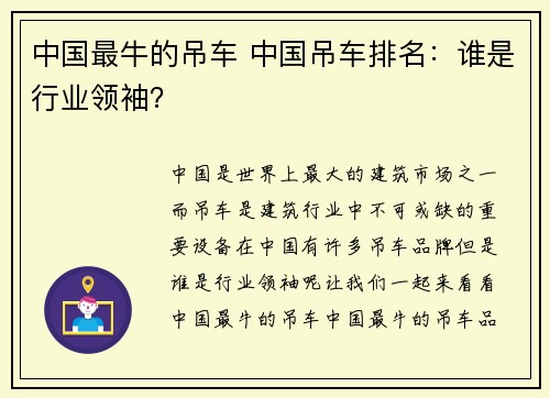 中国最牛的吊车 中国吊车排名：谁是行业领袖？