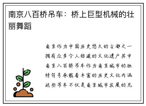 南京八百桥吊车：桥上巨型机械的壮丽舞蹈